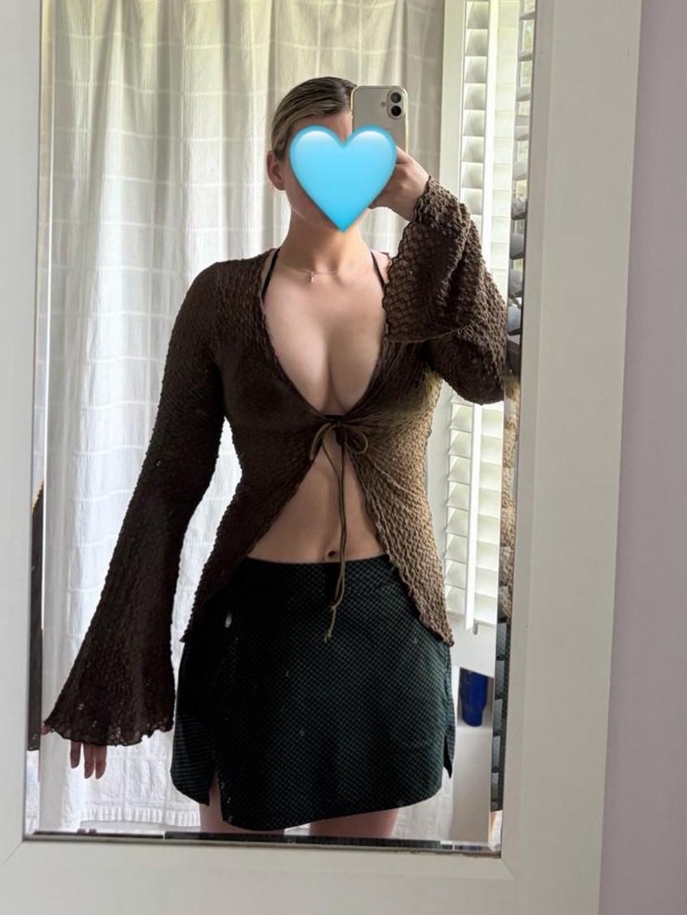 Brown Mesh Tie Front Flared Bell Sleeve Top / Sweater